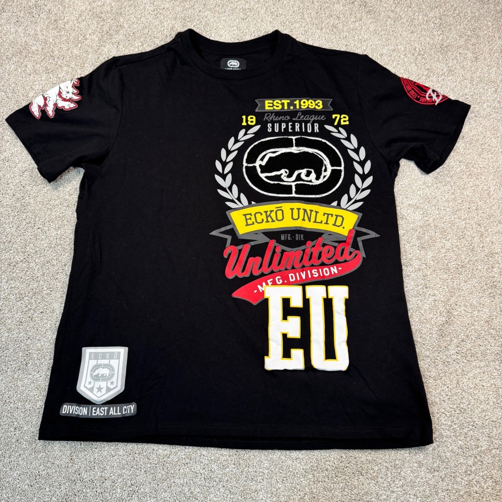 Ecko Unltd Mens Black Graphic T-Shirt Rhino League Superior Large Streetwear Y2K